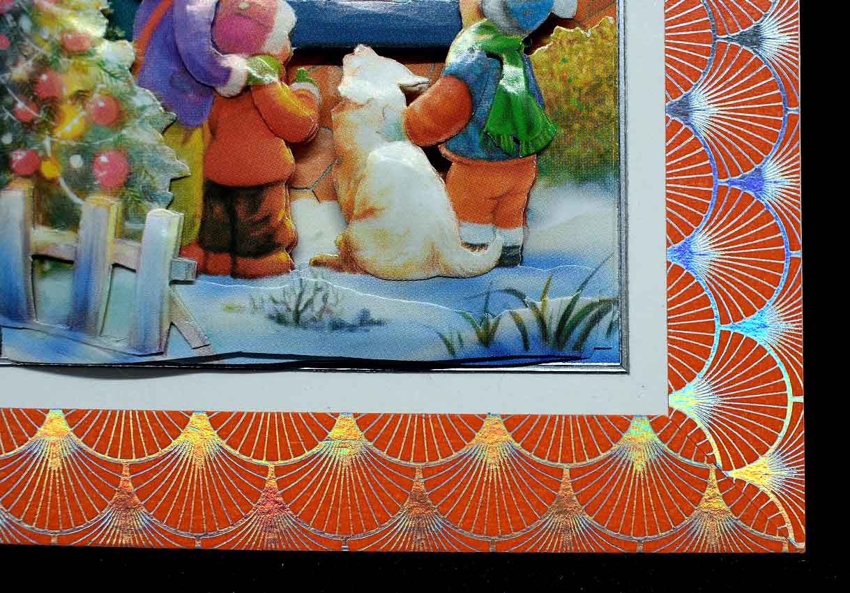 Carte pour noel ou fin d'année blanche motif enfants et chien à la fenètre en 3D