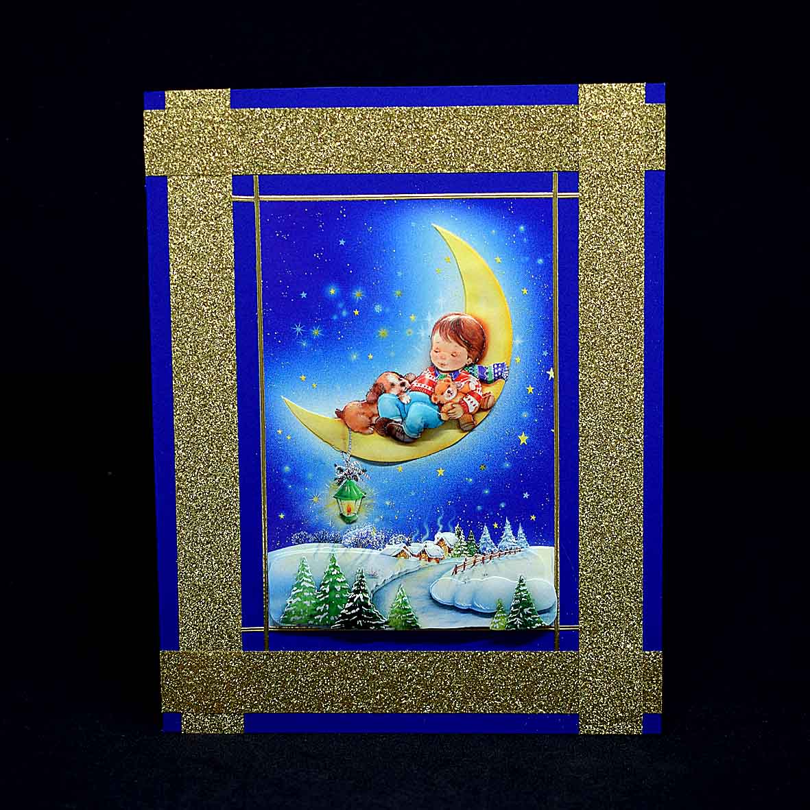Carte pour noel ou fin d'année bleue motif enfant et chien sur la lune en 3D