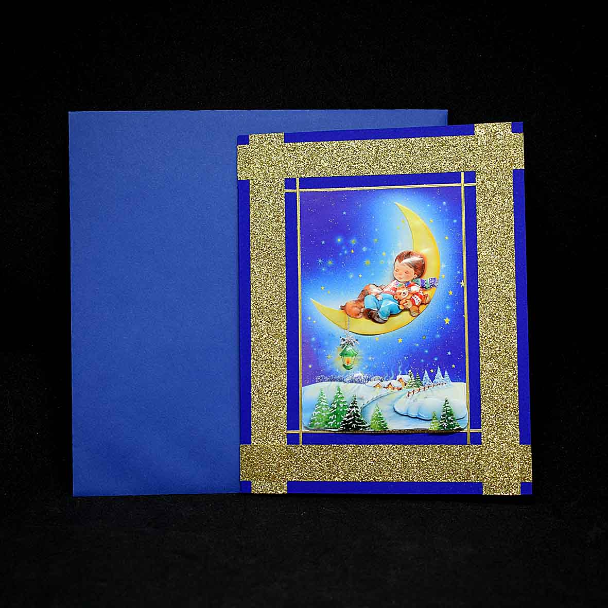 Carte pour noel ou fin d'année bleue motif enfant et chien sur la lune en 3D
