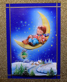 Carte pour noel ou fin d'année bleue motif enfant et chien sur la lune en 3D