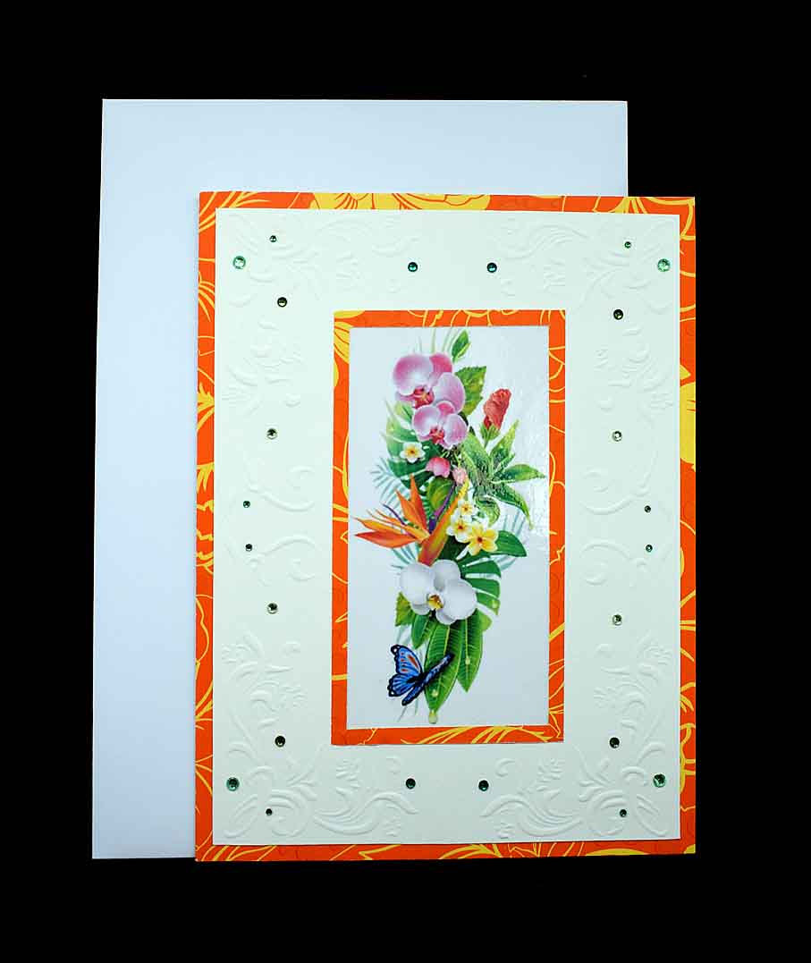 Carte florale embossée et strassée aux fleurs exotiques