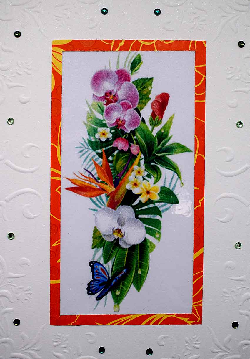 Carte florale embossée et strassée aux fleurs exotiques