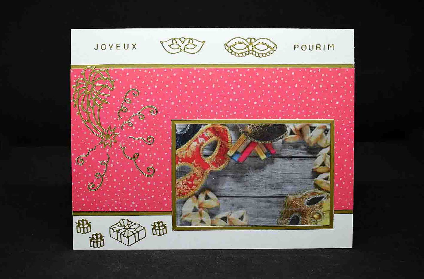 Carte pour fêtes juives, joyeux Pourim, motifs carnaval et stickers dorés