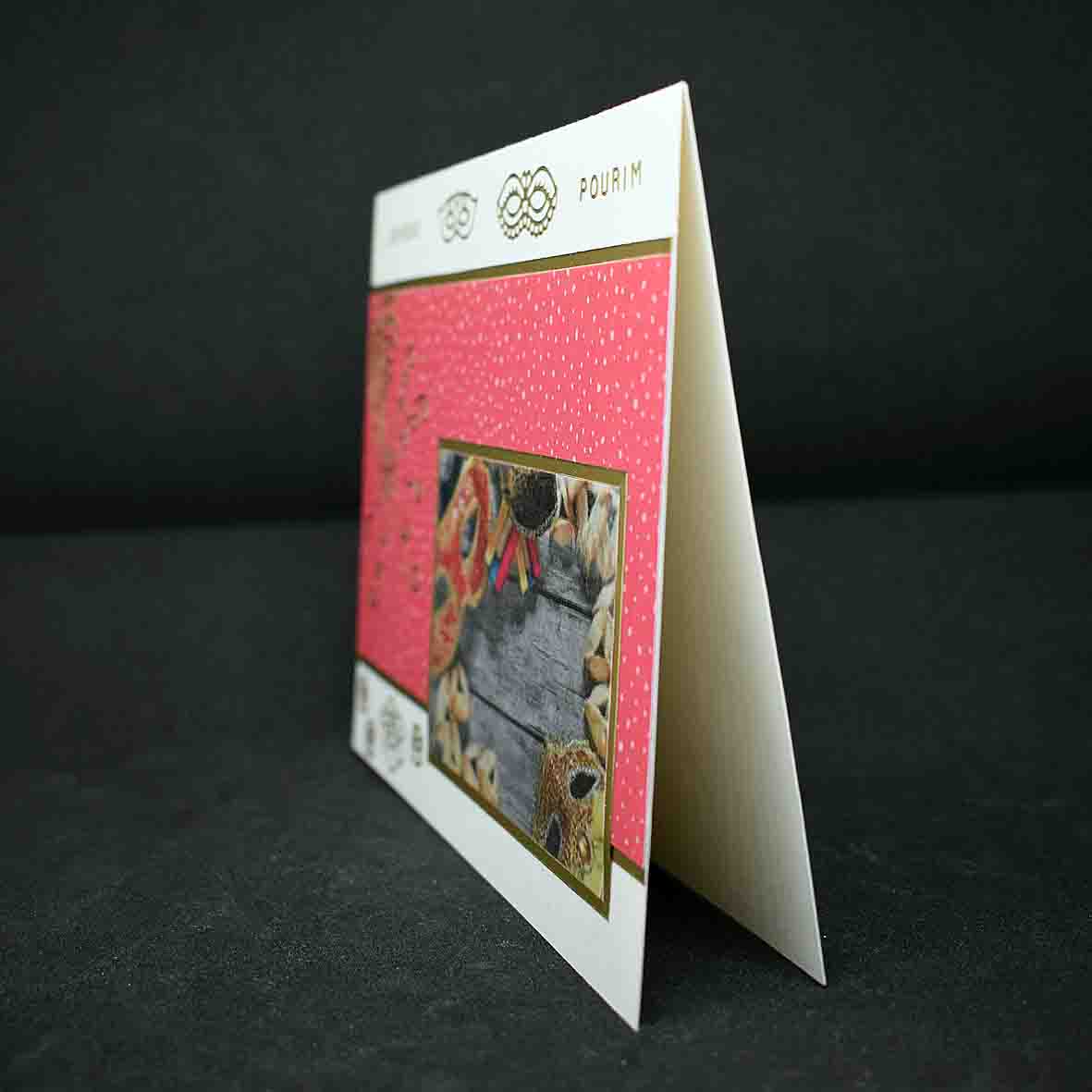 Carte pour fêtes juives, joyeux Pourim, motifs carnaval et stickers dorés