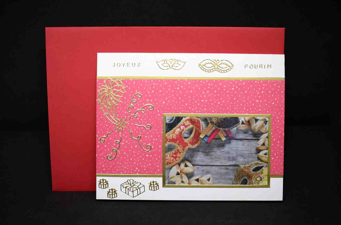 Carte pour fêtes juives, joyeux Pourim, motifs carnaval et stickers dorés