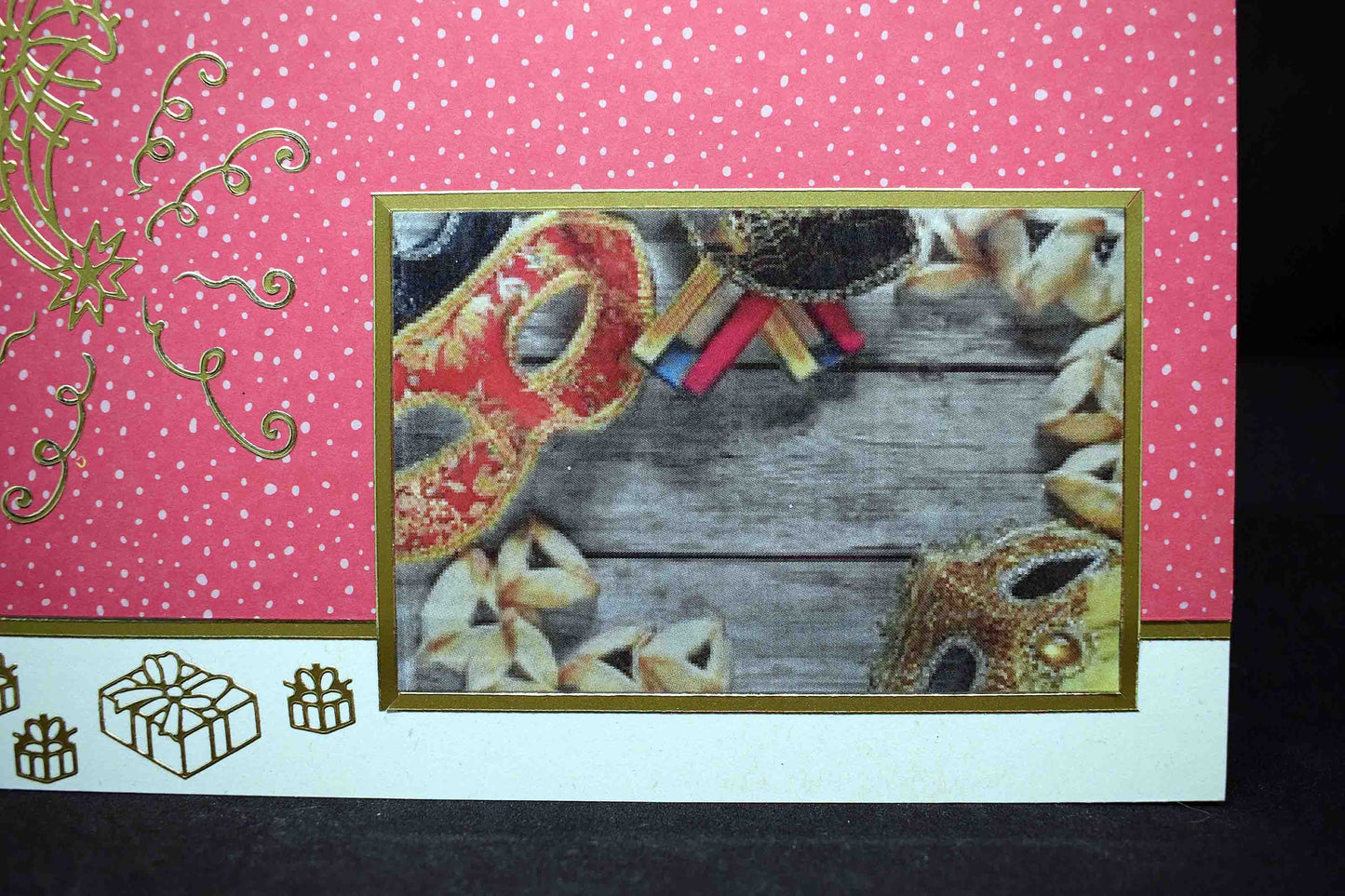 Carte pour fêtes juives, joyeux Pourim, motifs carnaval et stickers dorés