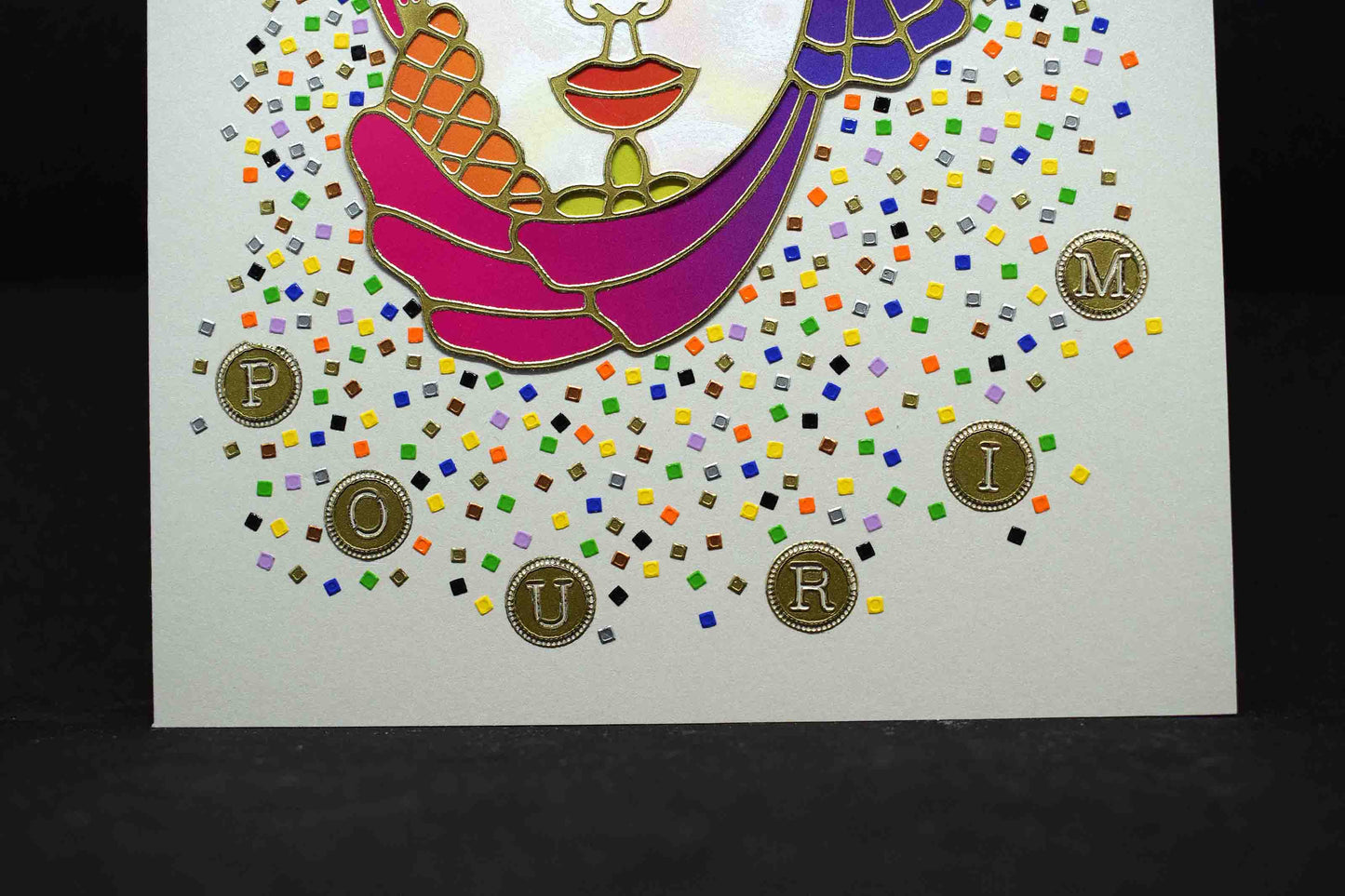 Carte  de Pourim 3D femme et confetis – carte artisanale personnalisable fête juive