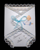Carte de naissance lange bleue, bébé en 3D
