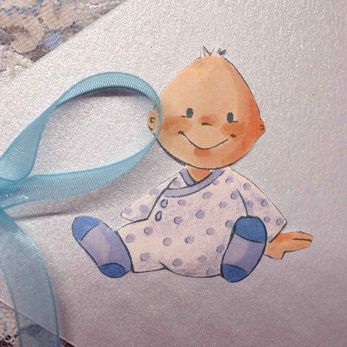 Carte de naissance en forme de lange bleue – Carte bébé 3D faite main avec dentelle