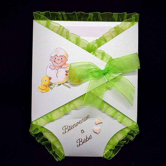 Carte de naissance en forme de lange blanche – Carte bébé 3D faite main avec dentelle