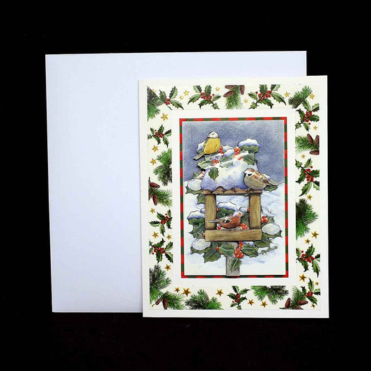 Carte pour noel ou fin d'année blanche motif mangeoire et oiseaux en 3D