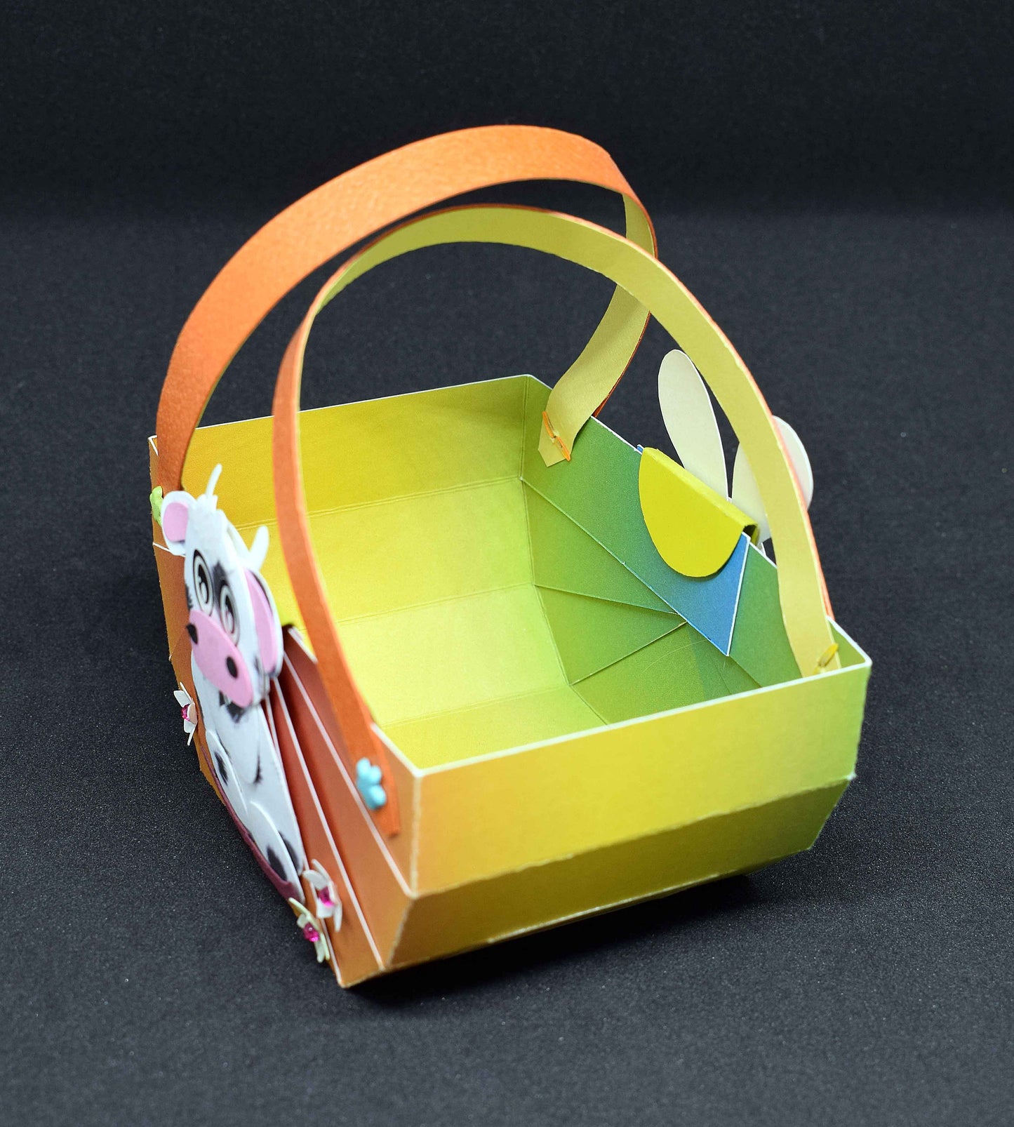 Petit panier enfant en papier 3D – panier lapin et vache, fait main, cadeau gourmand, décoration Pâques