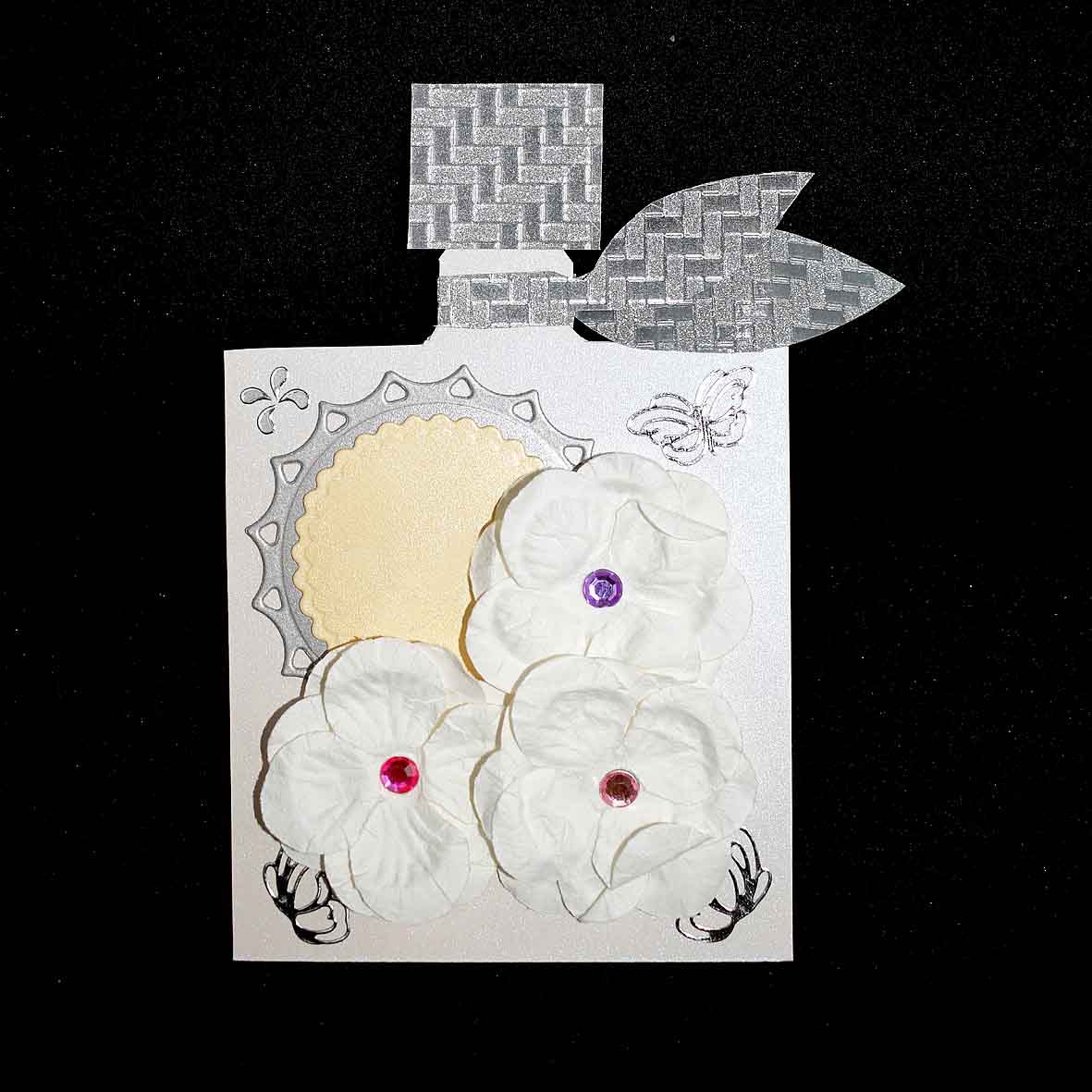 Carte pour diverses fêtes , forme parfum "la vie est belle" aux fleurs