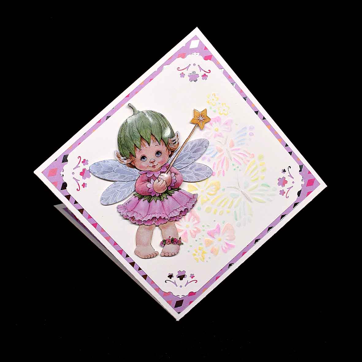 Carte pour anniversaire en forme de diamant, elfe à la baguette en 3D