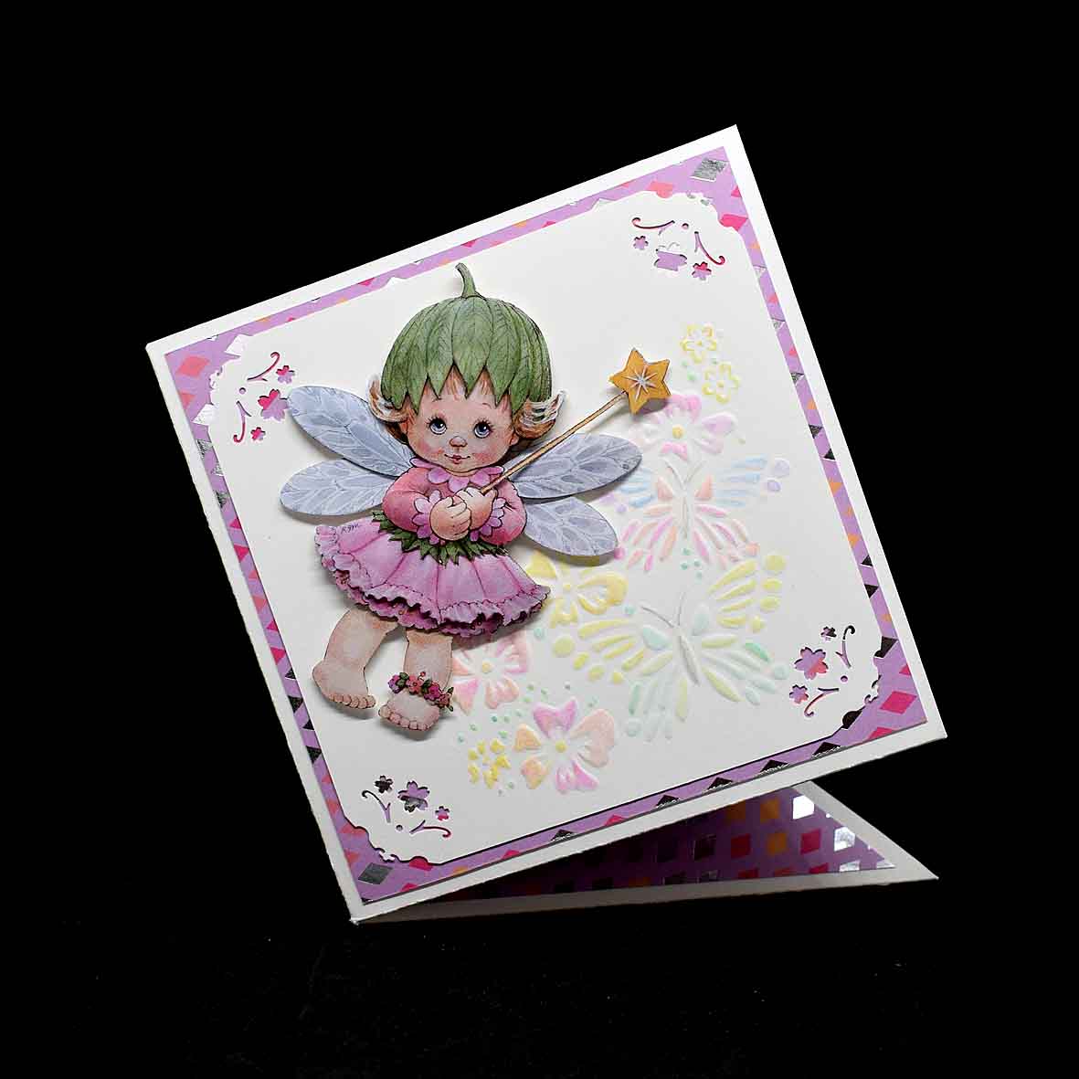 Carte pour anniversaire en forme de diamant, elfe à la baguette en 3D