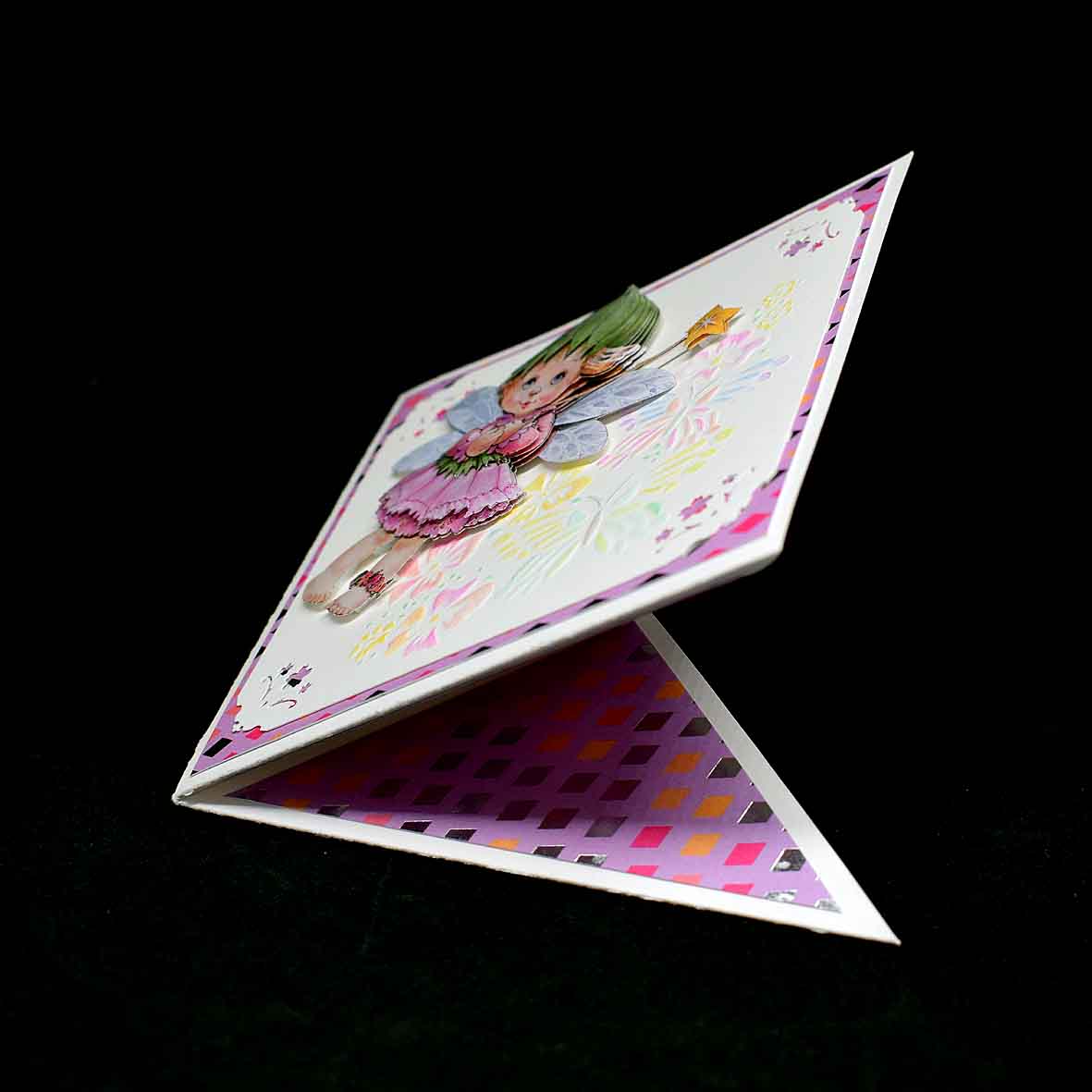 Carte pour anniversaire en forme de diamant, elfe à la baguette en 3D