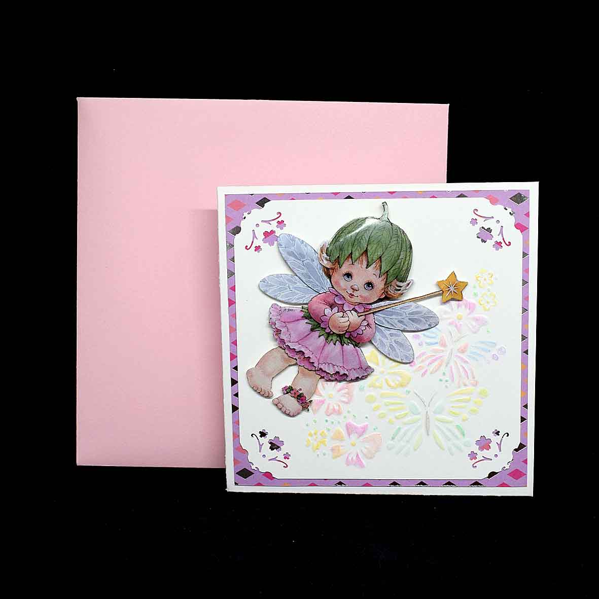 Carte pour anniversaire en forme de diamant, elfe à la baguette en 3D