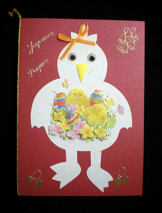 Carte de Pâques en relief rouge, forme poule, 3D poussins et oeufs