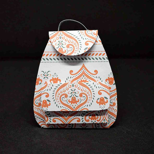 Petit sac à cadeau artisanal blanc et orangé aux motifs indou - boite surprise élégante personnalisable floraux indou