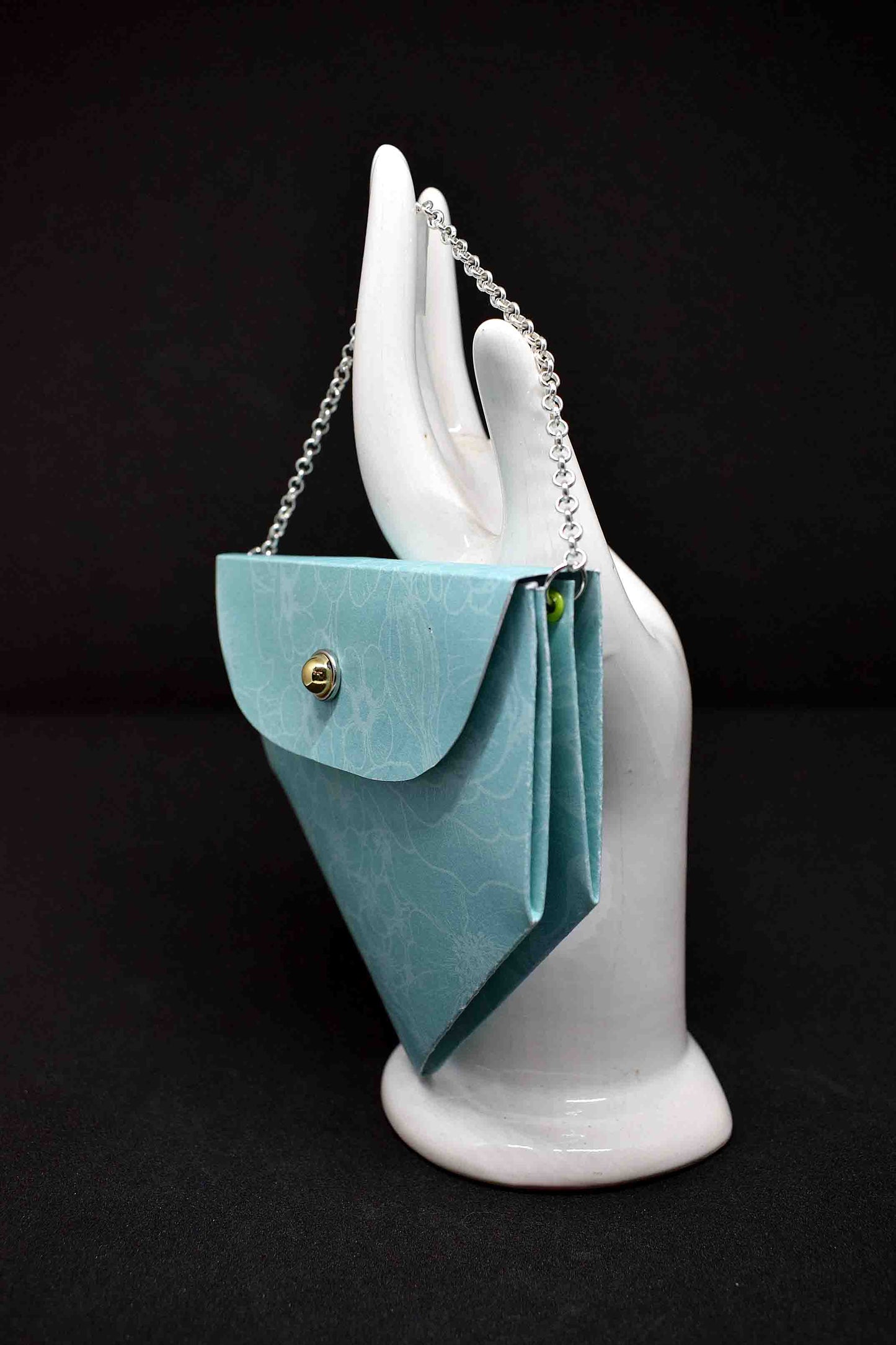 Petit sac à cadeau artisanal vert anse chaine argenté - boite surprise élégante personnalisable