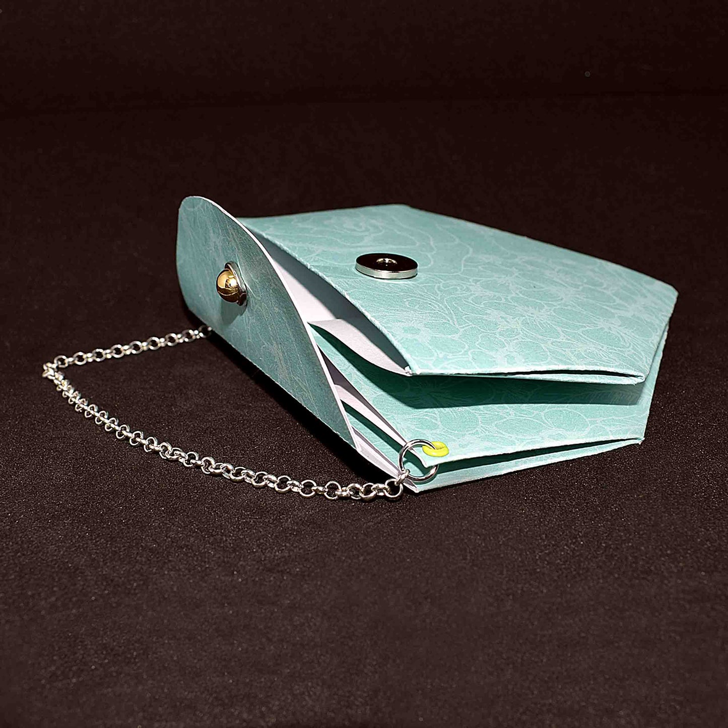 Petit sac à cadeau artisanal vert anse chaine argenté - boite surprise élégante personnalisable