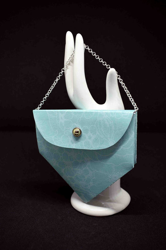 Petit sac à cadeau artisanal vert anse chaine argenté - boite surprise élégante personnalisable