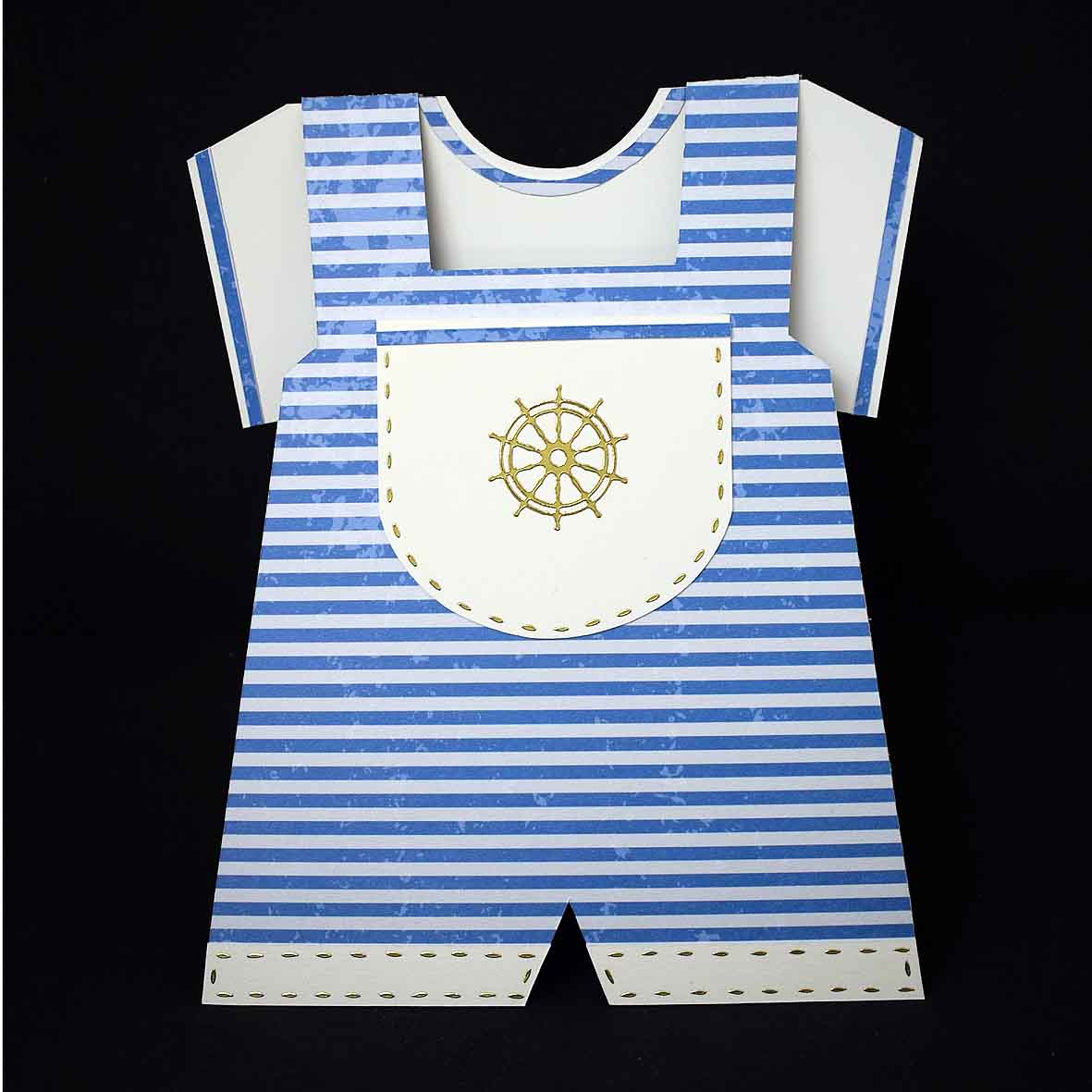 Carte d'anniversaire en forme de salopette à rayures bleues -  Carte bébé 3D faite main