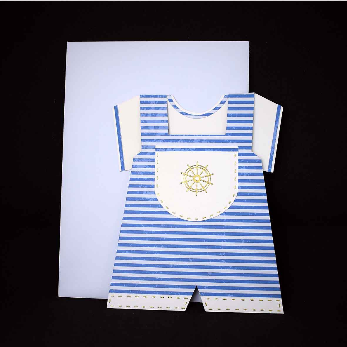 Carte d'anniversaire en forme de salopette à rayures bleues -  Carte bébé 3D faite main