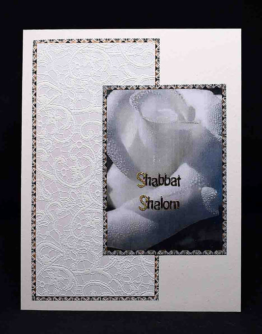 Carte pour fêtes juives, Shabbat Shalom, motifs rose blanche