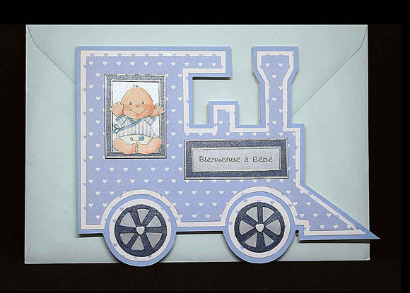 Carte de naissance,Train bleu en papier et relief